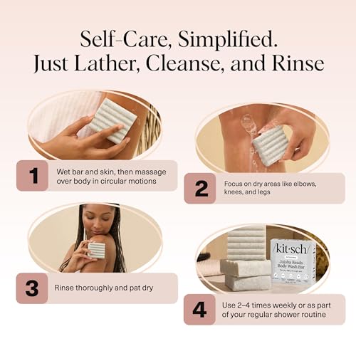 Image of Kitsch Jojoba Beads Exfoliating Body Wash Bar - Nourishing Bar Soap with Shea Butter & Aloe for Dry, Flaky Skin - Soap bar & Body Scrub for Smooth, Refreshed Skin - Rosemary & Cedarwood Scent - 4 oz