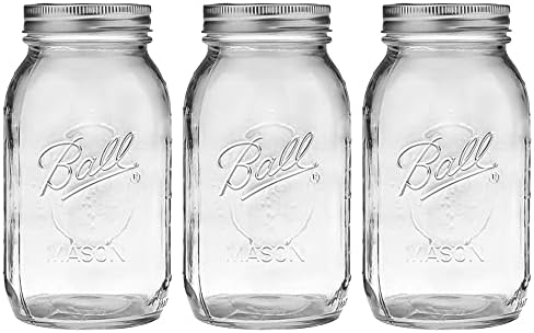 Regular Mouth Mason Jars 32 oz - (3 Pack) - Ball Regular Mouth Quart 32-Ounces Mason Jars With Airtight lids and Bands - For Canning, Fermenting, Pickling, Storage - Microwave & Dishwasher Safe