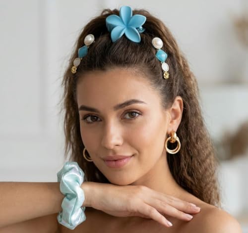 Image of Cute Sky Blue Hair & Jewelry Accessories Gift Set | Matte Flower Claw Clip, Metallic Shimmer Scrunchie, Pastel Hair Slides & Gold Hoop Earrings 4 Pieces