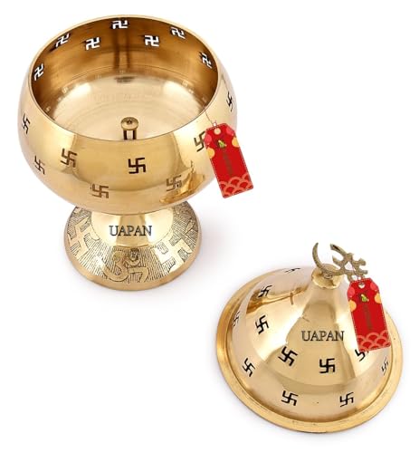 Image of UAPAN akhand Jyoti Akhand Diya Decorative Brass & Glass Oil Lamp with Glass Cover for Pooja Templ I Tea Light Holder Lantern (11 Inch)