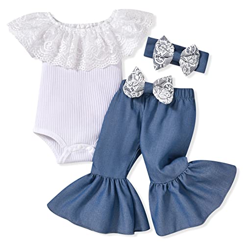 Image of HINTINA Newborn Baby Girl Short Sleeve Bodysuit Flared Pants Ribbed Outfits