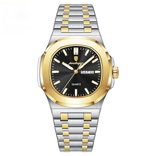 Poedagar Men's Quartz Watches Fashion Square Men Business Classic Clock Waterproof Luminous Date Week Stainless Steel Man Wristwatch (Gold Black)