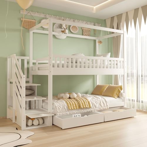 NNJN Litera para cama infantil, 90 x 200 cm, madera maciza, diseño de barandilla de seguridad, con compartimento de almacenamiento y escalera de seguridad, color blanco, para niños y niñas