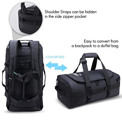 Haimont Gym Duffel Backpack Bag for Men Large Sports Duffle Bags with Backpack Straps for Hiking Travel Weekender Workout, Water Resistant, Black, 60L