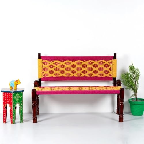 Image of Srima Wooden Bench for Living Room | Handcrafted Sheesham Wood Backrest Bench for Balcony & Garden | Traditional Rajasthani Patio for Outdoor with Cotton Handwoven Rope | Pink and Yellow