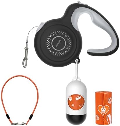 Ausziehbare Hundeleine 3m, kaubeständiges Stahldrahtseil, integrierter Kotbeutelspender, 360° verwicklungsfrei, ergonomischer Griff für kleine & mittlere Hunde bis 30kg