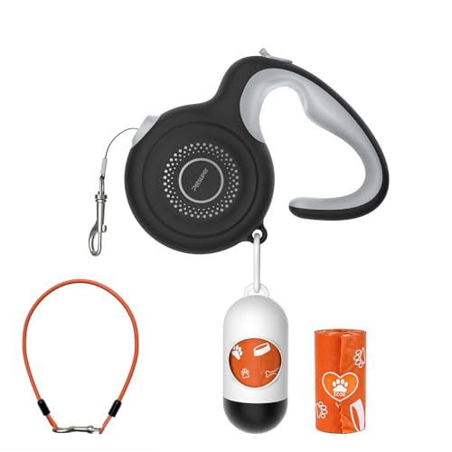 10Ft Retractable Dog Leash with Chew-Proof Steel Cable, 360° Tangle-Free, Built-in Poop Bag Dispenser, Ergonomic Comfort Grip Handle for Small Medium Dogs Up to 60lbs
