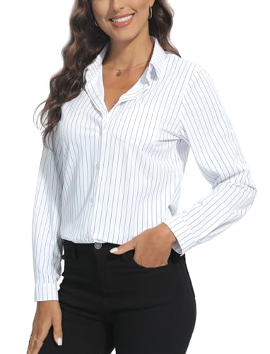 COUXILY Womens Striped Button Down Shirts Classic Fit Long Sleeve Collared Office Work Blouses Tops Wrinkle Free (White Pinstripe, L)