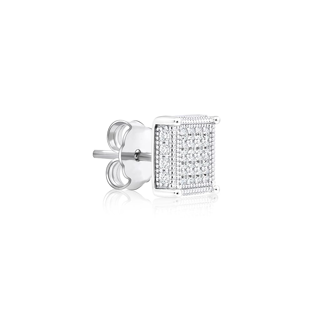 925 Silver Square Pavé Stud Earrings, Unisex Earrings | Cubic Zirconia Micro-Pavé Grid with Beaded Frame | Gifts for Women and Men | With Certificate of Authenticity