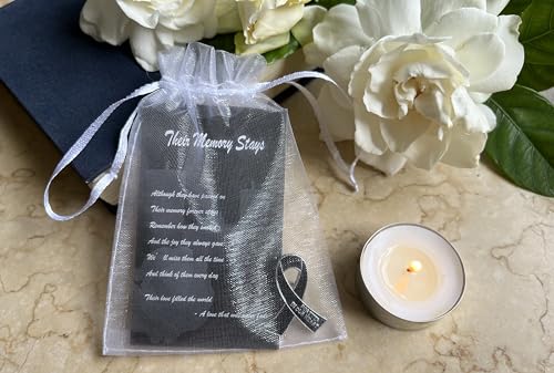 Image of 60 Set Funeral Ribbon Pins Memorial Pin Forever in Our Hearts Lapel Pin Remembrance Brooch with Prayer Cards & Organza Bags