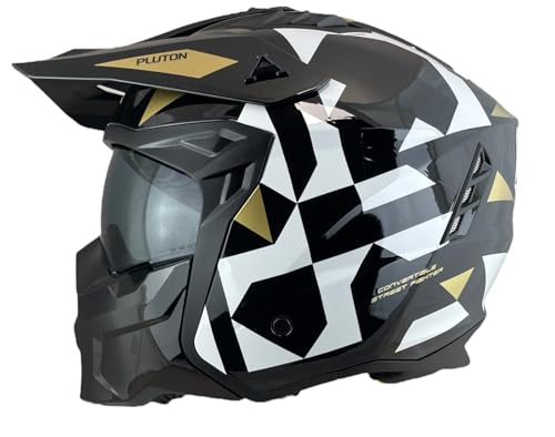 DOBLE XX UNIK Helmets Casco Trial Talla L (59/60) Modelo Pluto Color Negro Brillo y Dorado con Visor Solar 22.06 Desmontable