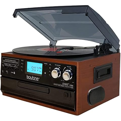 Boytone BT-22MS, Bluetooth Record Player Turntable, AM/FM Radio, Cassette, CD Player, 2 Built in Speaker, Ability to Convert Vinyl, Radio, Cassette, CD to MP3 Without a Computer, SD Slot, USB, AUX Cover
