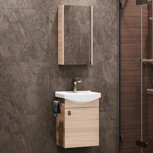 Planetmöbel Badmöbel Set Waschtisch mit Unterschrank 45 x 60 x 33 cm mit Spiegelschrank 40 cm für Badezimmer, Gäste WC & Bad, Sonoma Eiche