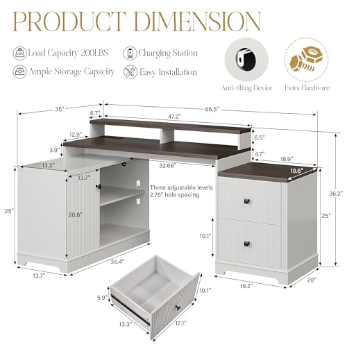 Image of 67 inch L Shaped Executive Desk with Drawers & Storage Shelf, Corner Computer Desk with Power Outlets, Home Office Desk with Monitor Stand, Printer Shelf, Computer Writing Desk for Work, Antique White