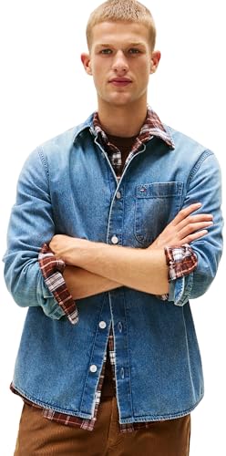 Tommy Jeans Herren Jeanshemd Regular Denim mit Brusttasche, Blau (Denim Medium 01), L