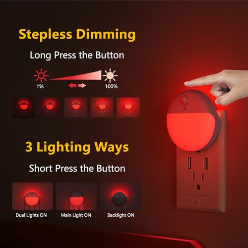 Image of YUNLEX 2 Pack Plug in Red Sleep Night Light with Motion Sensor and Dusk to Dawn Sensor, 3 Modes, Soft Glow, 0% Blue Light True Red, Dimmable, LED Lights for Bedroom, Sleep, Kids, Bathroom, Hallway