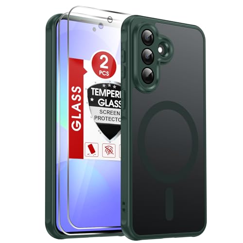 LeYi for A37 Samsung Phone Case: Samsung Galaxy A37 Case [Magnet Fit] with 2X Screen Protector, Galaxy A37 5G Case Frosted Translucent, Soft-Touch Skin for Cell Samsung Galaxy A37 Phone Case, Green