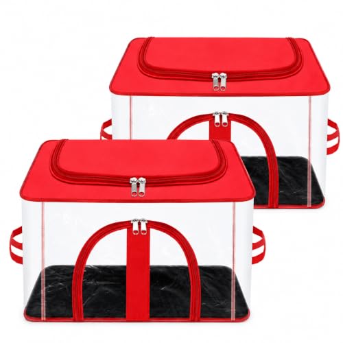 Image of DALUCI 2 Pack Wardrobe Storage Bags for Clothes, Saree & Blanket Organizer with Zipper & Handle, Foldable Underbed Storage Box, Moisture Proof Cloth Storage Bag (Transparent+Vivid Red, 2-Pack)