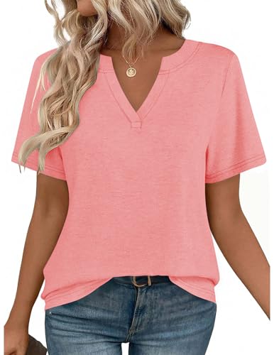 Zeagoo Short Sleeve Shirts for Women Loose Fit Clothes V Neck 2026 Tunic Trendy Outfits Coral XL