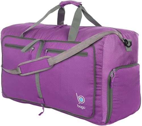 Bago Large Foldable Duffel Bags for Traveling Women & Men - 80L Packable Duffle Bag for Travel with Shoe Compartment - Water Repellant, Heavy Duty, Lightweight Folding & Collapsible (Purple)