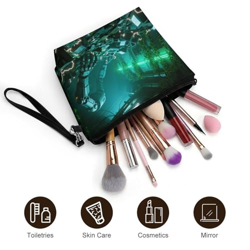Bolsa de maquillaje para viajes y diario, neceser compacto de piel sintética con asa cómodo 5