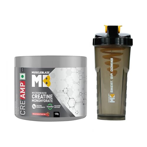 Image of MuscleBlaze Micronised Creatine Monohydrate CreAMP Powder, Watermelon Kool Aid (120g) + Cyclone Blender Gym Shaker (700ml)