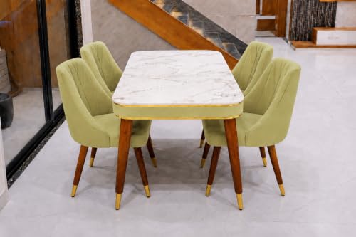 Image of WOODEN SPACE 4 Seater Wooden Dining Table Set | Urban Marble Top Dining Table with Chairs for Dining Room & Kitchen (Modern Frontline Light Green) (54 x 36 x 30 inch)