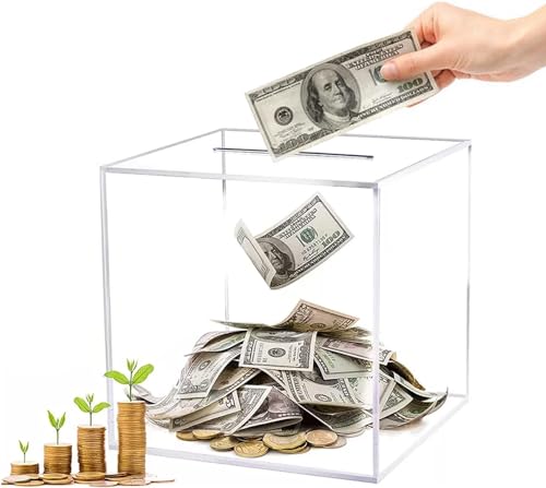 Clear Acrylic Money Box, Visual Progress Tracker & Coin Counter - The sturdy and durable money box is suitable for people of all ages, Motivational Gift for Wedding， Fund，Donation (12 x 12 x 12cm)