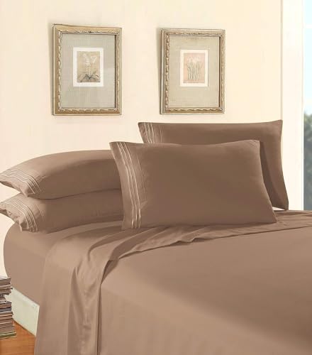 Elegant Comfort Luxury Quality Microfiber 5-Piece 1500 Premium Hotel Sheet Set-Wrinkle Resistant, All Around Elastic Fitted Sheet, Deep Pocket up to 16", Split King, Taupe