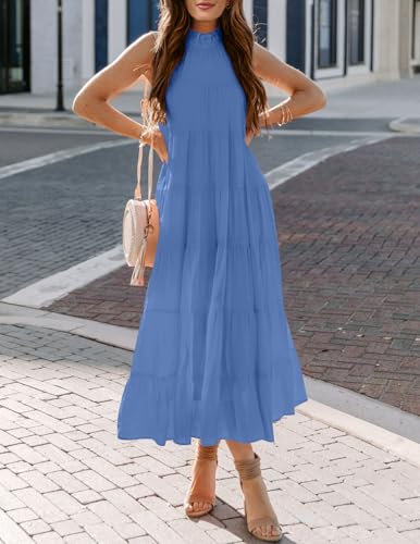 Image of HAEOF Women's Summer Sleeveless Halter Midi Maxi Dress Casual Loose Fit Pleated Tiered Flowy Beach Vacation Long Sundress