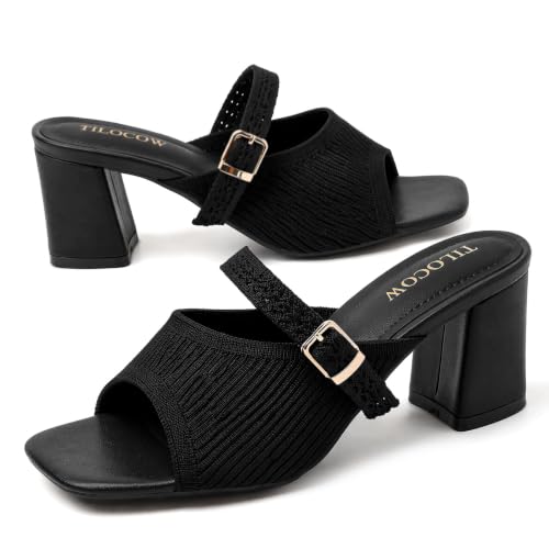 Image of Tilocow Knit Heeled Sandals for Women Square Open Toe Heeled Mules Chunky Block Low Heel Slip On Slides