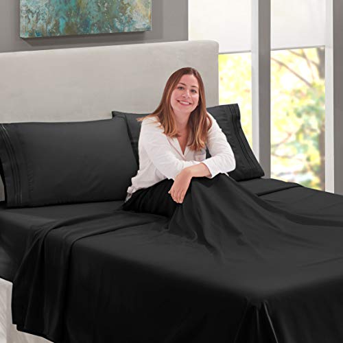 Image of Nestl Short Queen Bed Sheet Set - Black - 4-Piece Deep Pocket | Instantly Soft, Night-One Ready (No Wash Required). Fits 16-Inch Deep Pockets, 360-Degree Elastic Grip