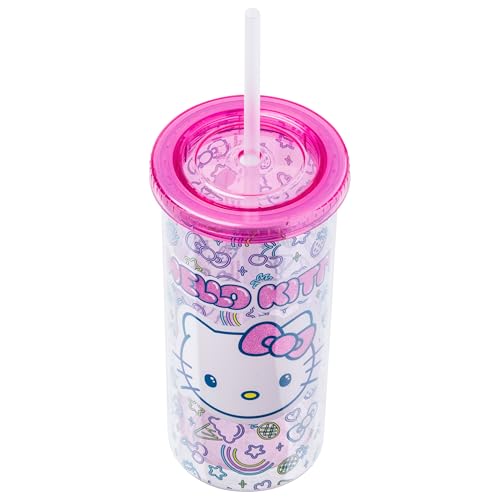 Image of Silver Buffalo Sanrio Hello Kitty Neon Fruit, Plastic Cold Cup, 20oz | Pattern, Includes Lid and Straw, 0.59 Liters
