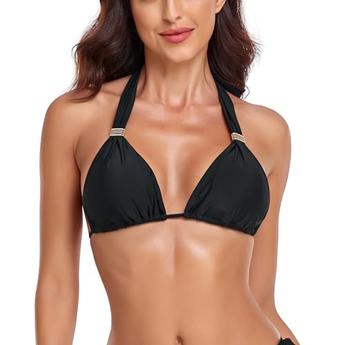 RELLECIGA Damen Bademode Bikini Oberteil Triangel Top mit Goldem Schmuck Schwarz M