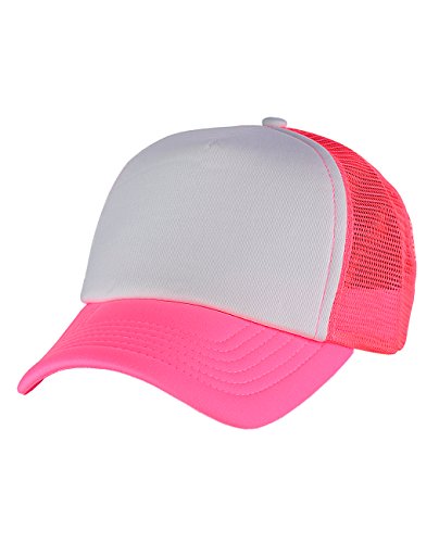NYFASHION101 Blank Mesh Adjustable Snapback Cotton 6-Panel Trucker Hat Cap, MC Neon Pink/White