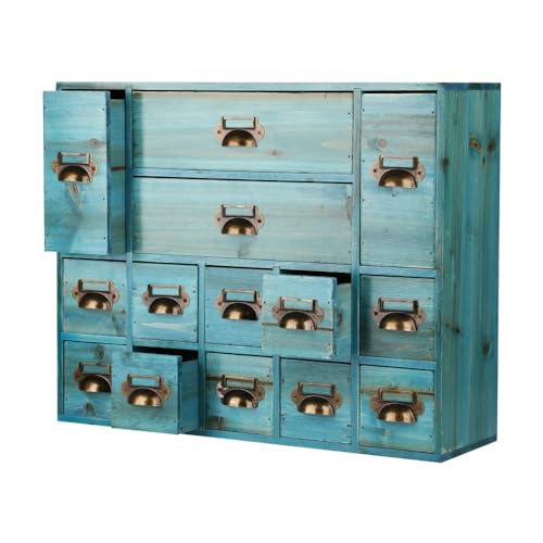 Apothecary Drawers Card Catalog Cabinet with 14 Drawers Wooden Card Catalog Wooden Storage Box for Desktop Organizer (Blue)