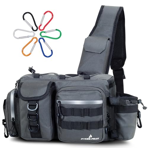 PYKES PEAK Fishing Bag | Waterproof Tackle Bag with Large Capacity | Includes 6 Carabiners | Versatile Fishing Shoulder Bag | Olive | L Size - Designed in Japan