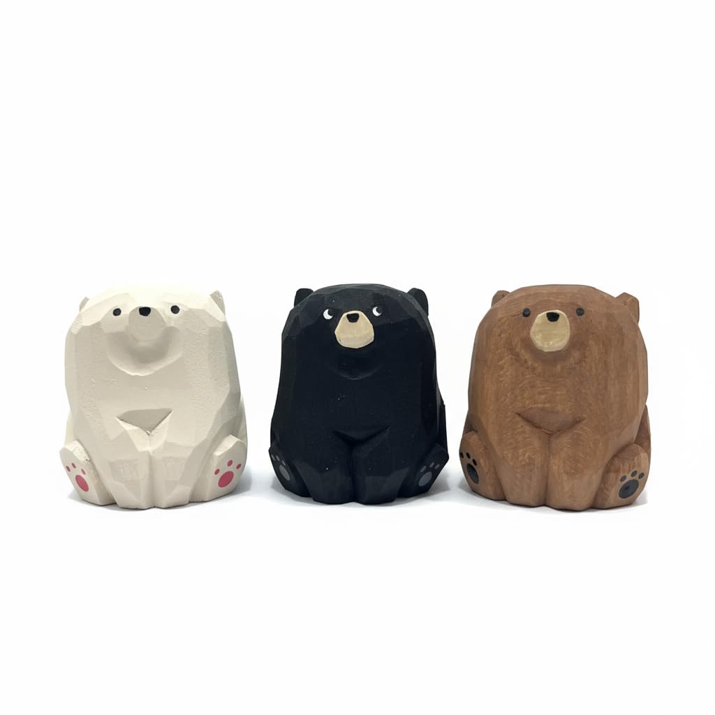 Tyxzle 3 Pcs Funny Mini Bear Statue - Wooden Safari Decor Hand-Carved Wooden Animal Sculpture for Bedroom, Nursery & Game Room Gift