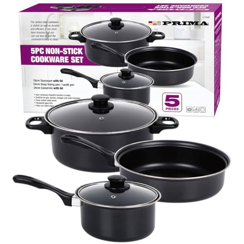 Prima 5 Piece Non-Stick Cookware Set with Lids – Carbon Steel Pots & Pans Set for Cooking, Saucepan, Deep Frying Pan, Casserole Dish – Heat Resistant Handles, Easy Clean, Gas & Electric Hob Safe