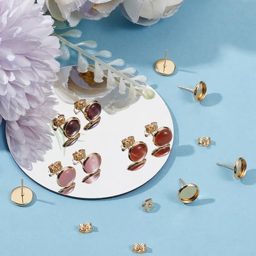 Beebeecraft 1 Box 50Pcs Post Stud Earring Findings 18K Gold Plated Round Prong Blank Earring Cabochon Settings with 8mm Tray and 50Pcs Ear Nuts for DIY Earrings Jewelry Making - Image 4