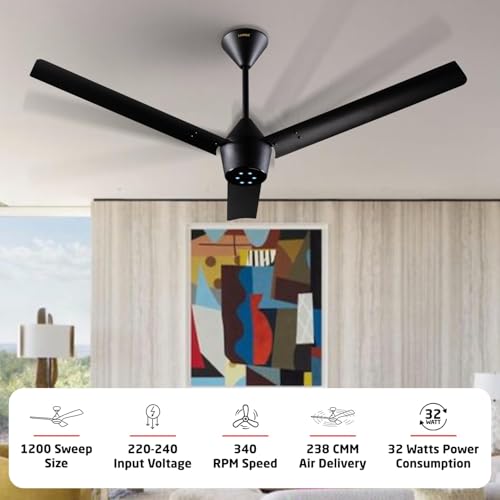 Image of LUKER JVLuker USA Radial 1200mm BLDC Ceiling Fans with Remote, BEE 5 star Rated Energy Efficient Ceiling Fan for Living Room, High Air Delivery, Black-Black-Black, 3 Yrs Warranty