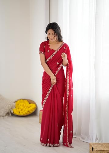 Image of Star Georgette Saree with Sequin Embroidery Work and Embroidered Blouse (Star-104)