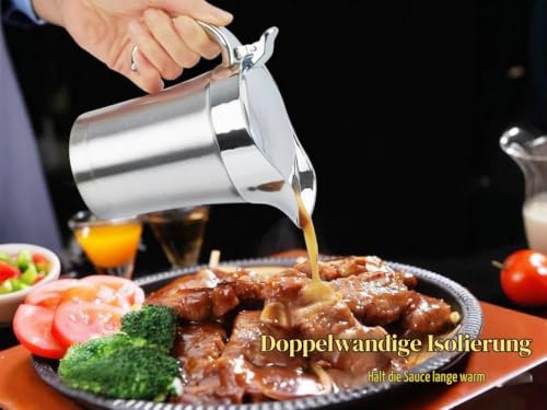 Foto von Kellegour Edelstahl Thermo Sauciere,750ml Soßenschüssel,Thermo-Sauciere mit Deckel,Soßenkanne aus doppelwandigem Edelstahl,Eleganter Silberner Saucenkrug für Soße Sahne Sauce Senf Mayonnaise