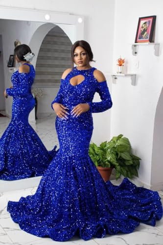 Mermaid Sequin Prom Dresses Long Sleeve Halter Neck Formal Party Evening Gown3