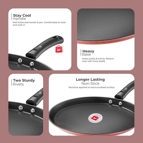 Image of LAZYwindow 5-Piece Nonstick Cookware Set | 25cm Dosa Tawa, Deep Kadhai, Fry Pan, 1.5L Sauce Pan & Tadka Pan with Maroon Base | Heavy-Duty Induction Friendly Kitchen Combo | Works on Gas & Induction