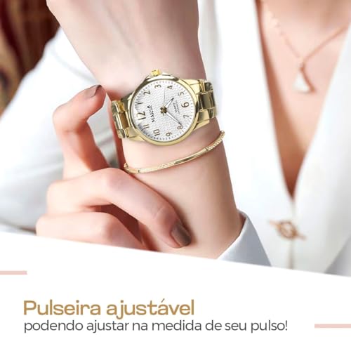 Kit Acessórios Femininos Luxo Rainha Dourada Relógio Analógico Colar Pulseira Caixa Elegante Banhado