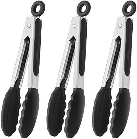 HINMAY 7-Inch Mini Tongs with Silicone Tips Small Serving Tongs Kitchen Tongs, Set of 3 (Red Blue Green)