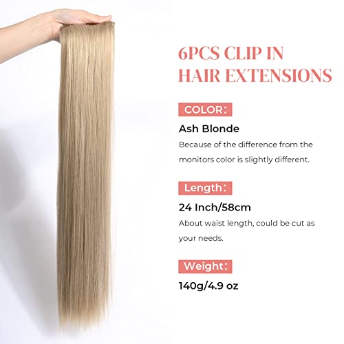 6Pcs Clip In Hair Extensions, Lonai 24" Long Straight Synthetic Clip On Hairpiece For Women Natural Ash Blonde #TOP2