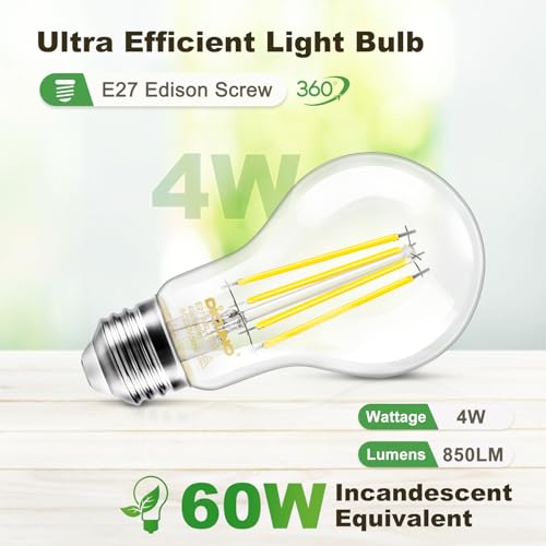 DiCUNO Edison Light E27 Edison Screw Bulb 4W (60W Equivalent), Clear Filament Bulb A60, Energy Efficient A Class LED, 2700K - Image 3