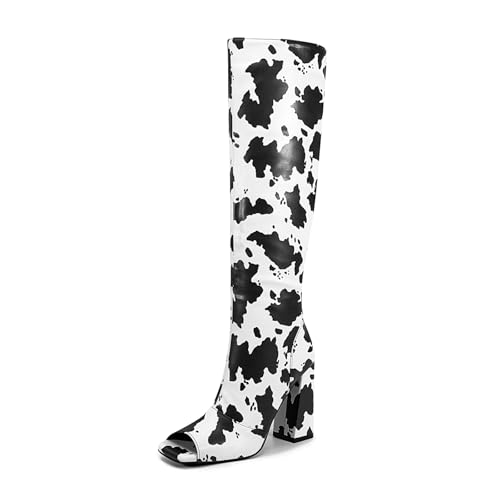 2025 Cow print Silver glitter knee high boots for women High heeled Peep toe side zipper big size Chunky heel boots2